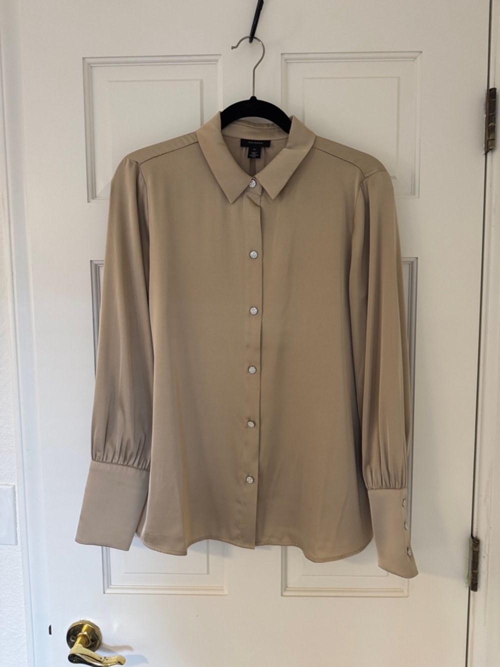 Halogen Neutral Beige Button-Down Long Sleeve Blouse